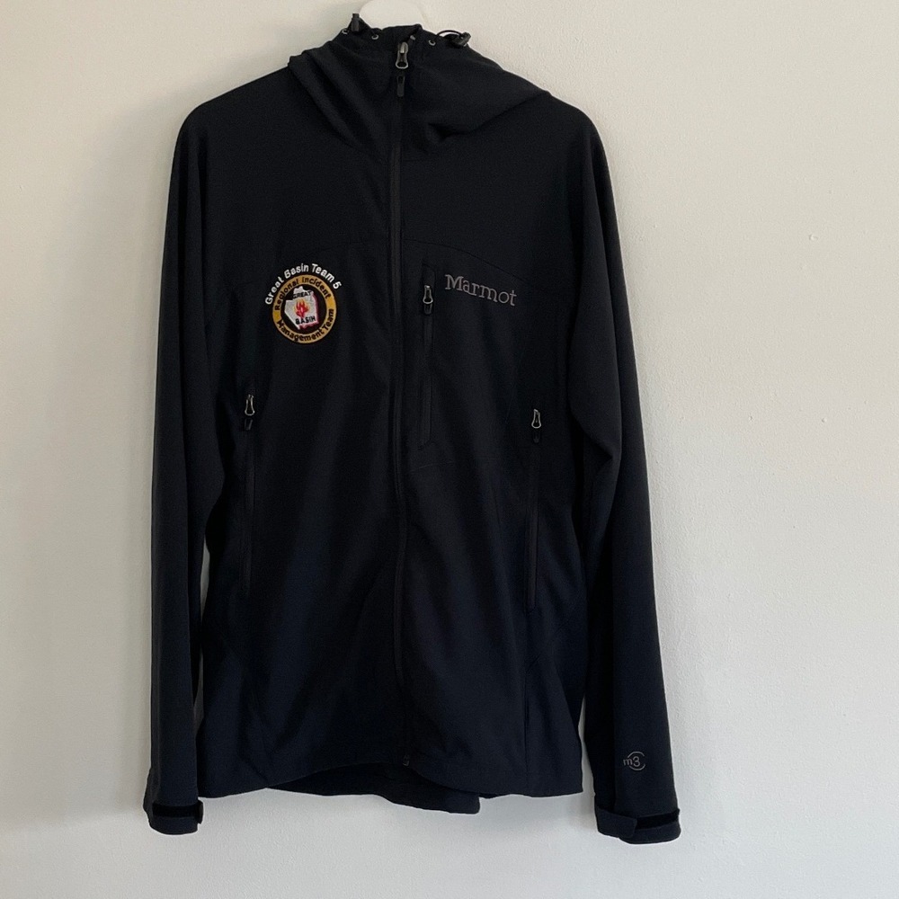 Marmot M3 Softshell Jacket Mens Large Black Great Basin Team 5 Hooded Full‎ Zip